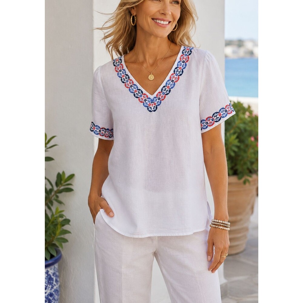 Charter Club 100% Linen Top Size L White Embroidered Coastal Grandma Resort